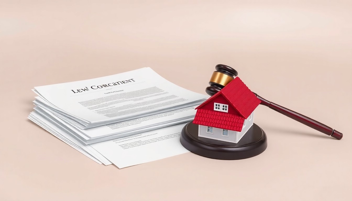 A photorealistic studio still life featuring a stack of legal documents, a gavel, and a house model arranged on a clean, monochromatic background, conceptually representing the legal and financial challenges of foreclosure and bankruptcy.