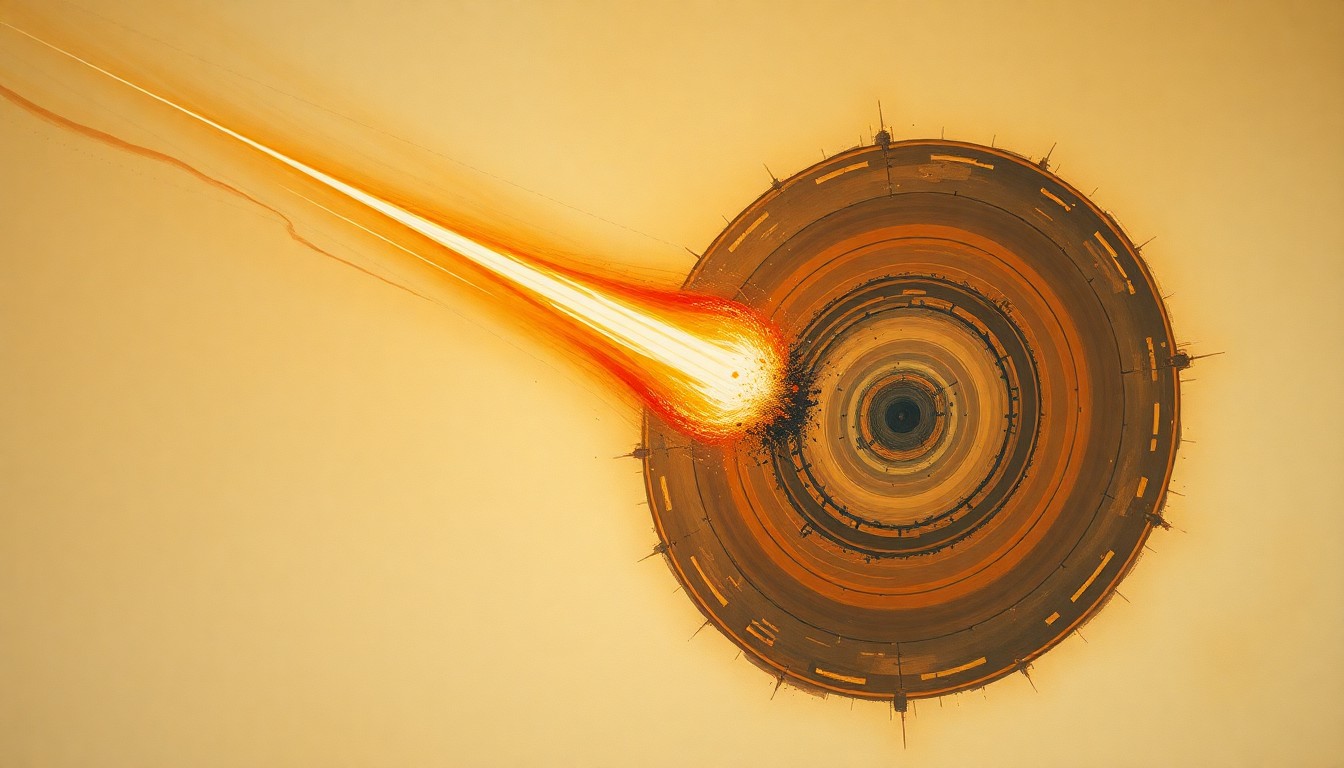 A highly structured abstract painting in muted earth tones, featuring sweeping geometric arcs, concentric circles, and precise botanical spirals, conceptually representing the complex trajectory and fragmentation of a fireball streaking across the night sky.