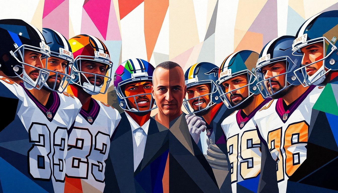 A fractured, multi-perspective painting depicting an abstracted wedding party of NFL players, their faces and uniforms broken down into sharp, overlapping geometric shapes in a cubist style.