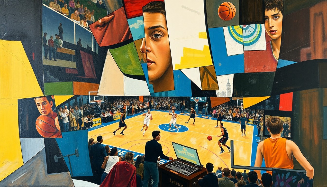 A fragmented, geometric painting depicting a basketball game or match, with sharp, overlapping shapes and planes in a cubist style, conceptually representing the dispute over the medical procedures involved.