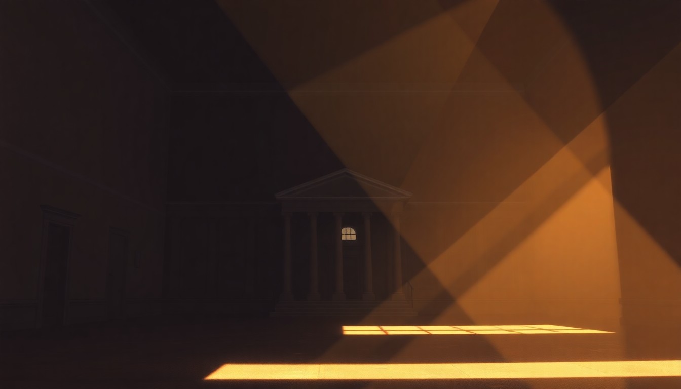 A dimly lit, cinematic painting of a government building or political office space with warm, diagonal sunlight casting deep shadows, conceptually representing the divisive debate over immigration policies and public safety.