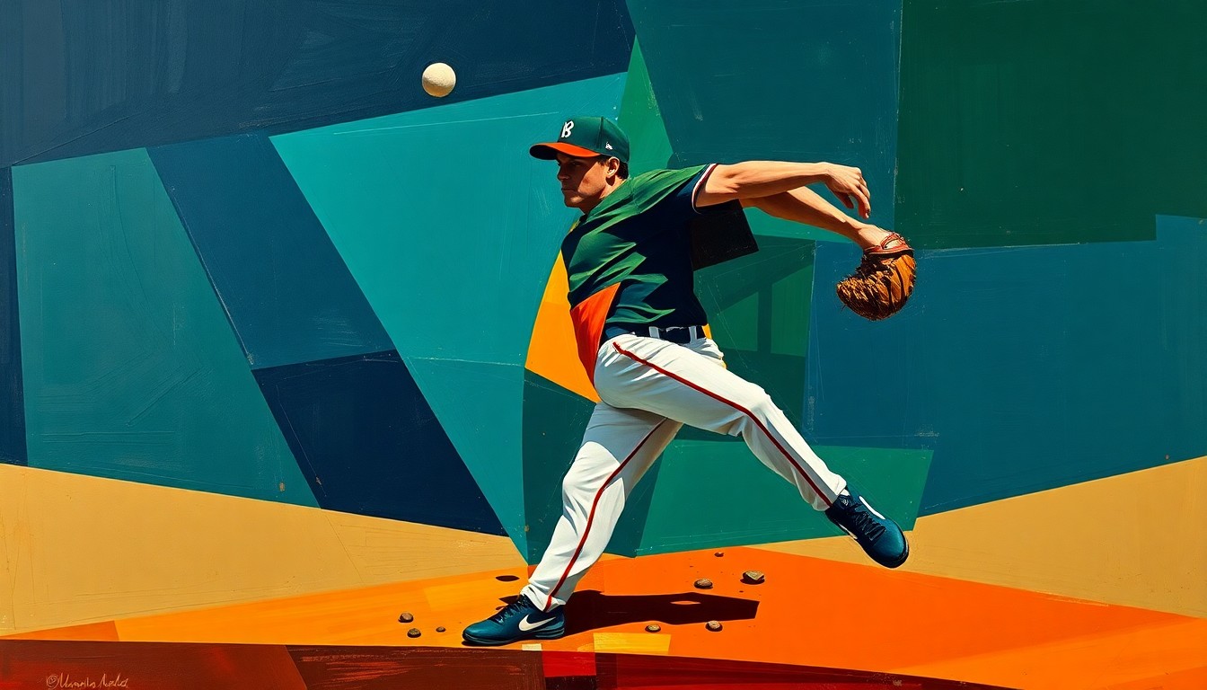 A fragmented, geometric painting depicting a baseball pitcher's motion broken down into sharp, overlapping planes of navy, green, and orange, conceptually representing the intricate physicality of the sport.