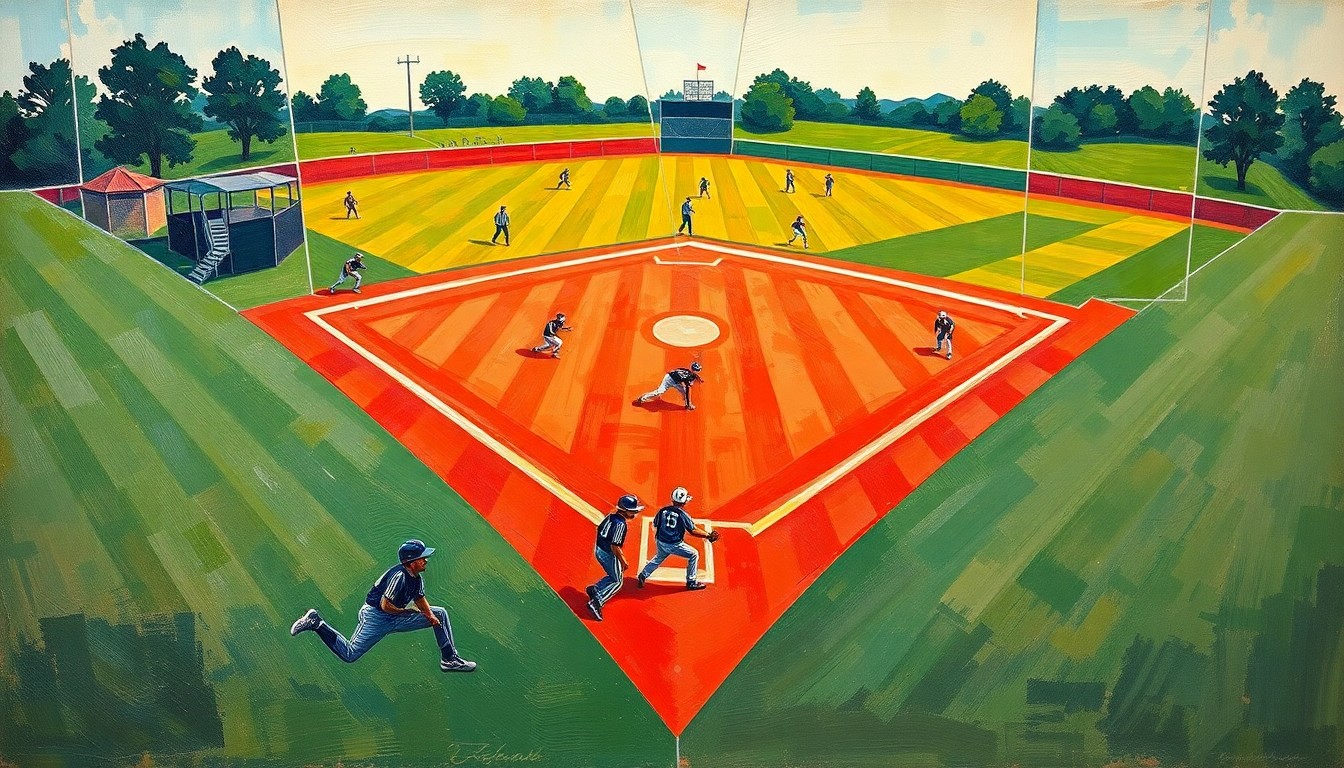 A fragmented, geometric painting depicting the motion and energy of a high school softball game, with players' forms broken down into overlapping planes of color and shape.