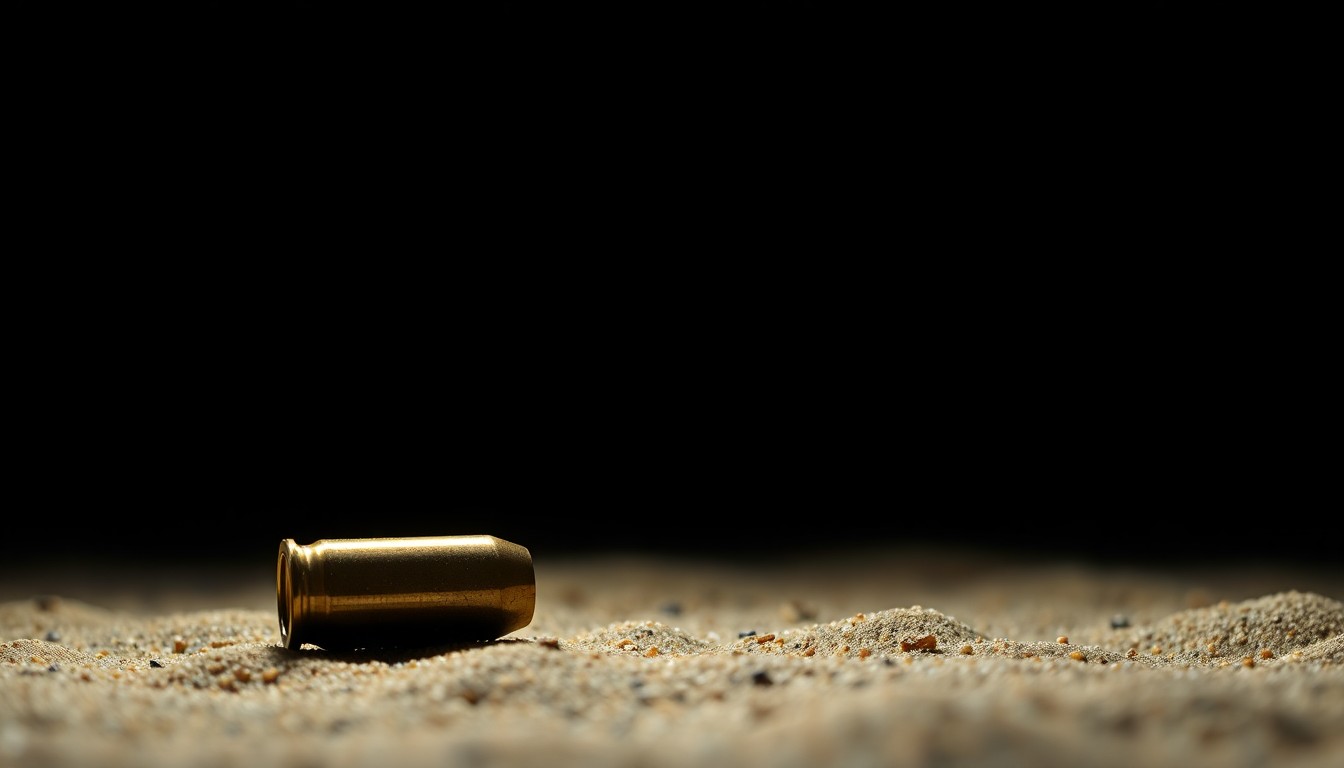 An extreme close-up photograph of a metallic shell casing resting on the sand, reflecting the harsh light of a camera flash in a stark, gritty, investigative style.