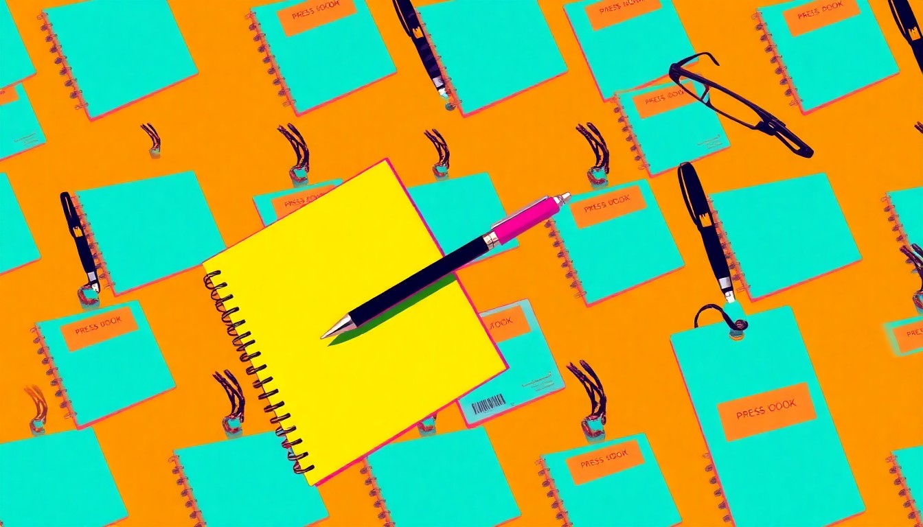 A brightly colored, high-contrast silkscreen print of an iconic student journalist's notebook, pen, and press pass repeated in a tight grid pattern, conceptually representing the power and impact of student media.