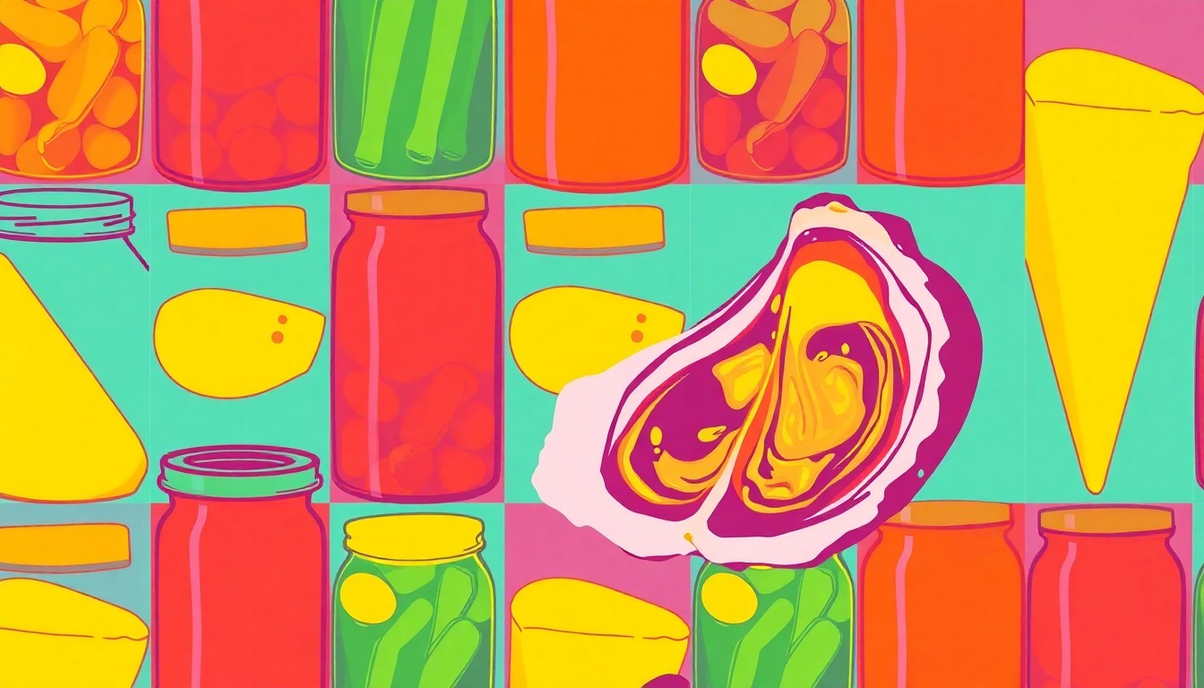 A high-contrast, brightly colored silkscreen print composed of repeated images of a single iconic West Marin food item, such as a jar of fermented vegetables or a wedge of artisanal cheese, conceptually representing the diverse and flavorful culinary offerings emerging in this Northern California community.
