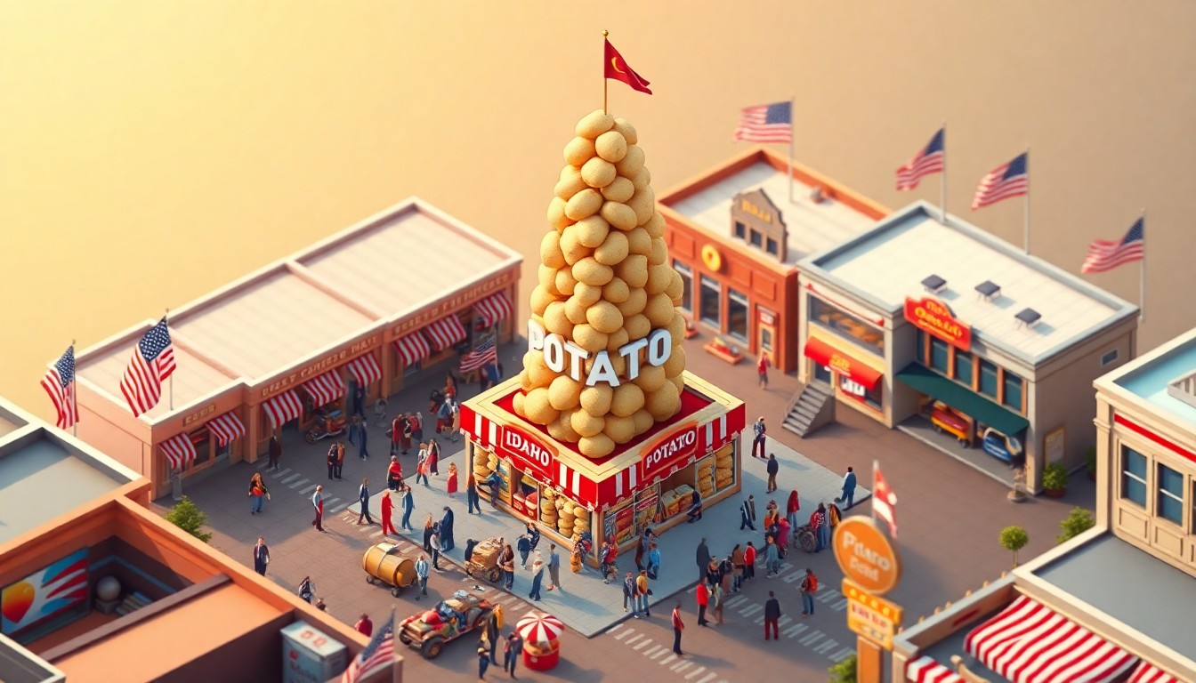 An isometric 3D digital illustration depicting a bustling town square with a towering display of Idaho potatoes at the center, surrounded by people and American flags, all in a warm, patriotic color palette.