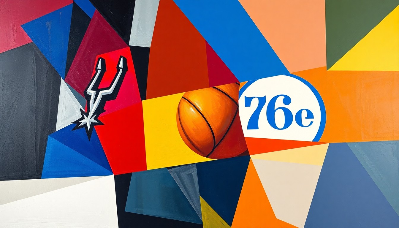 A fragmented, geometric painting in bold colors representing the physical play and energy of a basketball game, with no recognizable figures or text.