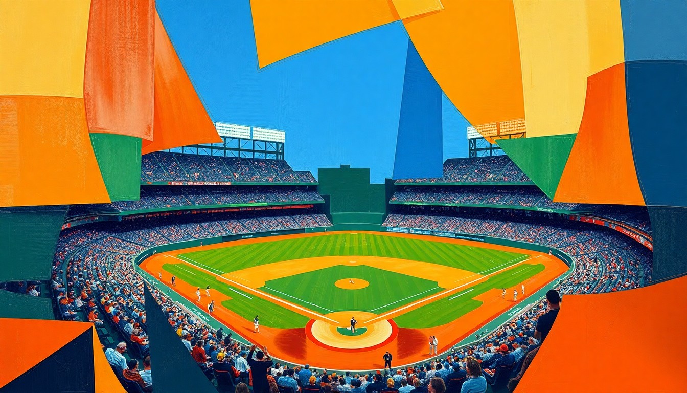 A cubist, geometric painting depicting a baseball game in motion, with sharp, overlapping planes of color representing the dynamic action on the field.