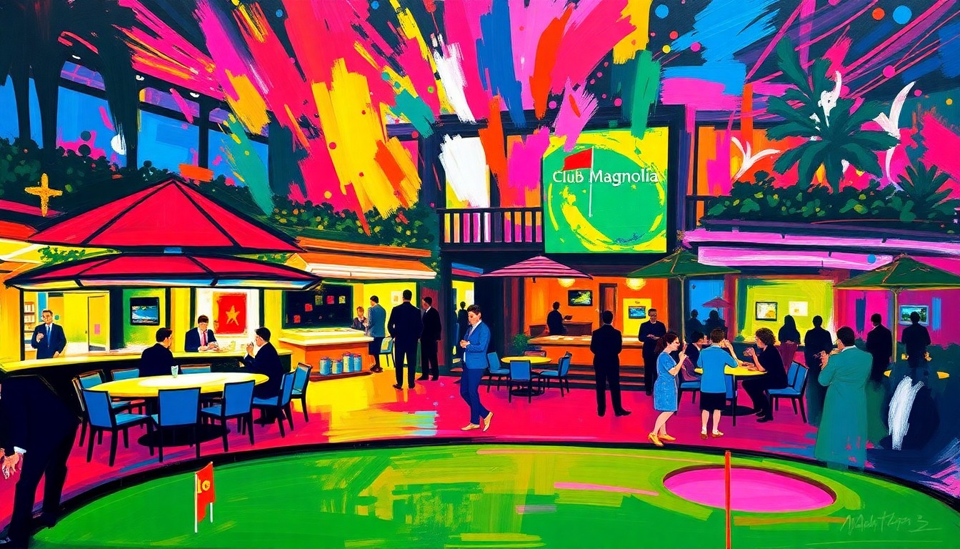 An abstract, expressionist painting in neon colors depicting the dynamic energy and diverse amenities of the exclusive Club Magnolia hospitality experience during the Masters tournament.