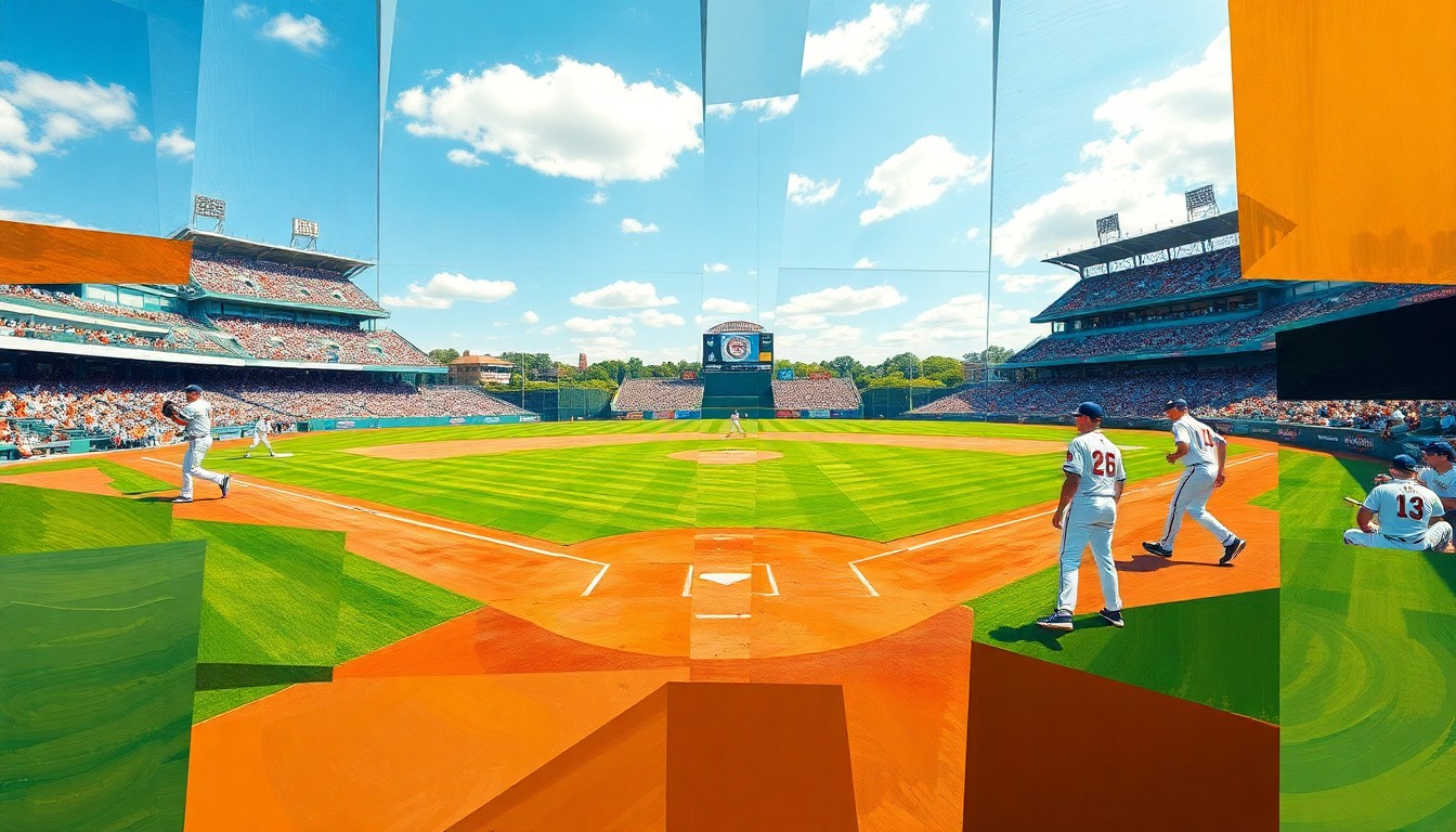 A cubist, geometric painting depicting the action of a college baseball game, with the field, players, and sky broken down into sharp, overlapping planes of color and shape.