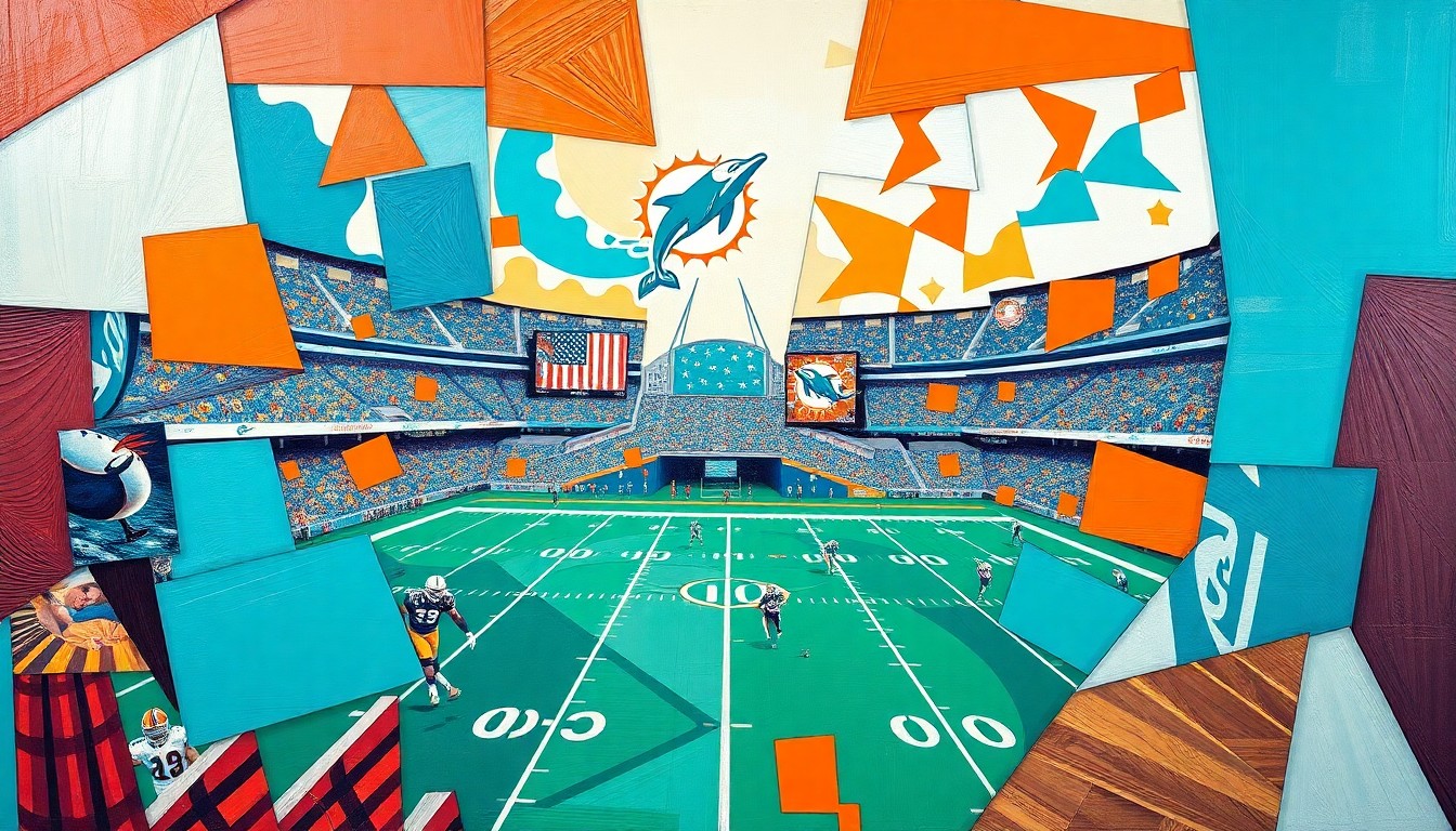 A fractured, geometric painting in vibrant aqua, orange, and white colors, depicting an abstract Miami Dolphins football scene with overlapping planes and shapes, conveying the team's transition to a new era.