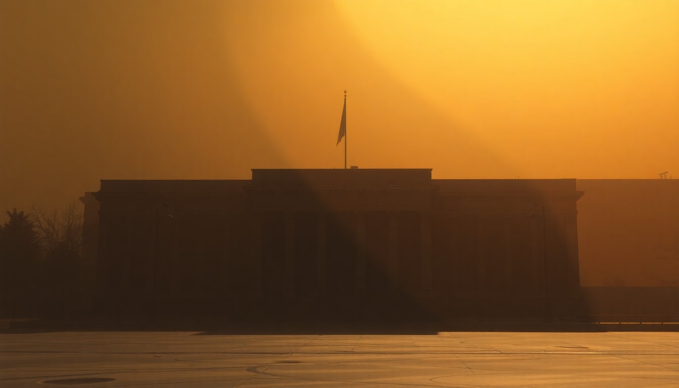 A serene, cinematic painting of an Iranian government building in warm, golden light, with deep shadows casting an ominous mood, conceptually representing the political tensions and uncertainty surrounding potential attacks on civilian targets.