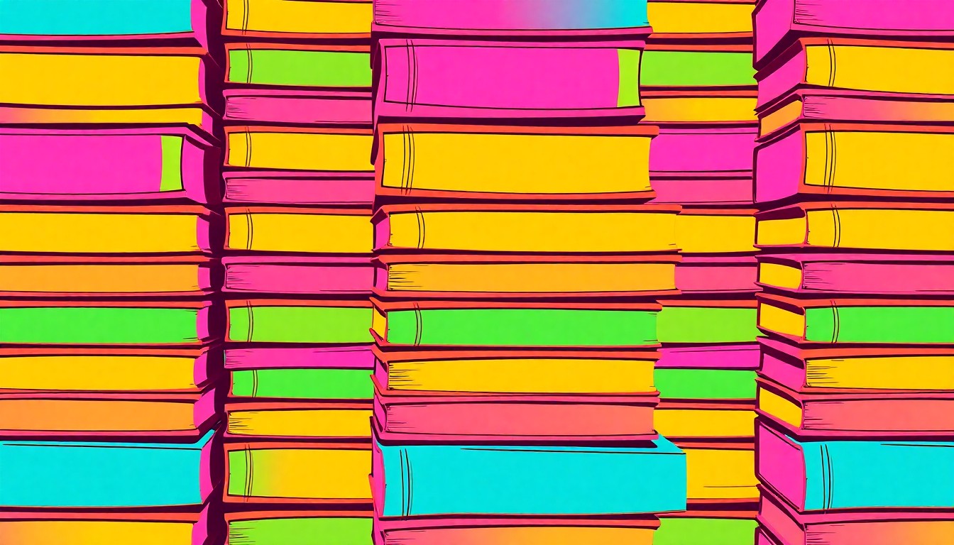 A bold, colorful silkscreen-style illustration featuring a repeating pattern of stacked textbooks in bright neon shades, conceptually representing the new laws focused on expanding educational opportunities in Kentucky.
