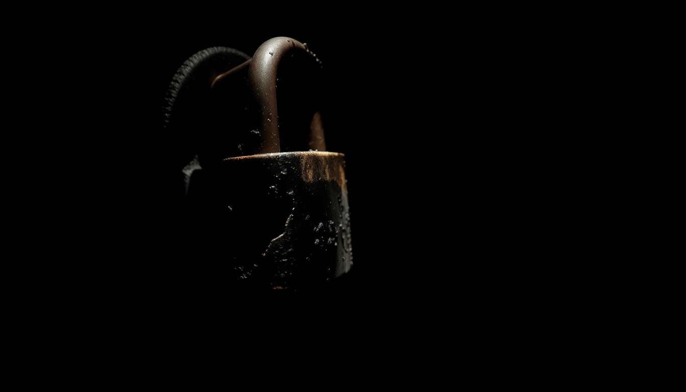 An extreme close-up photograph of a charred and twisted metal storage unit lock, conveying the gritty aftermath of the fire and the uncertainty faced by renters.