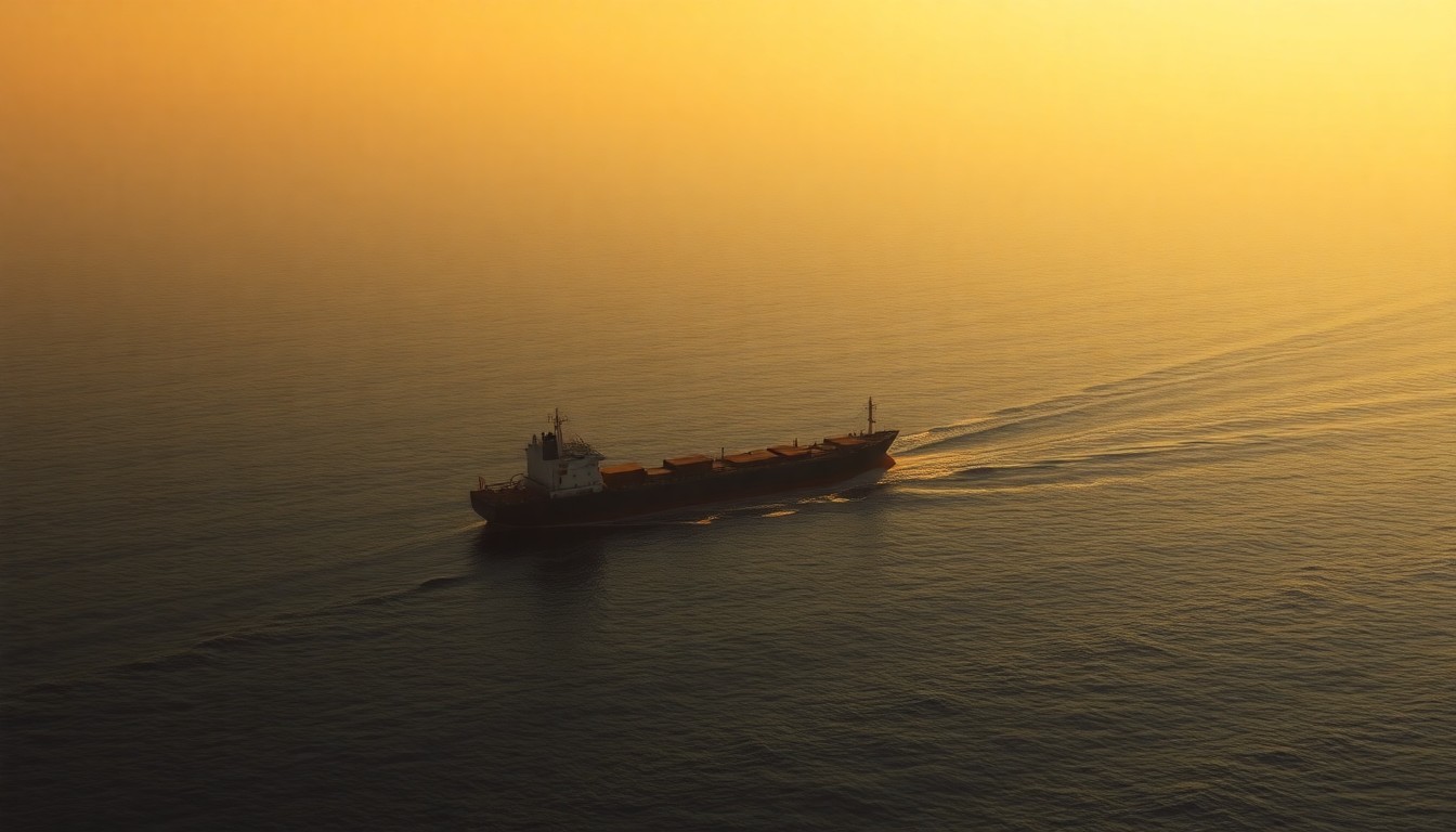A serene, painterly depiction of a cargo ship navigating the narrow Strait of Hormuz, with warm sunlight and deep shadows creating a contemplative, cinematic mood.