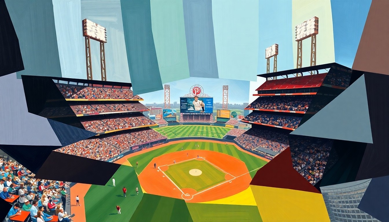 A cubist, geometric painting depicting a baseball game in motion, with overlapping planes of color and shape representing the players, field, and action on the diamond.