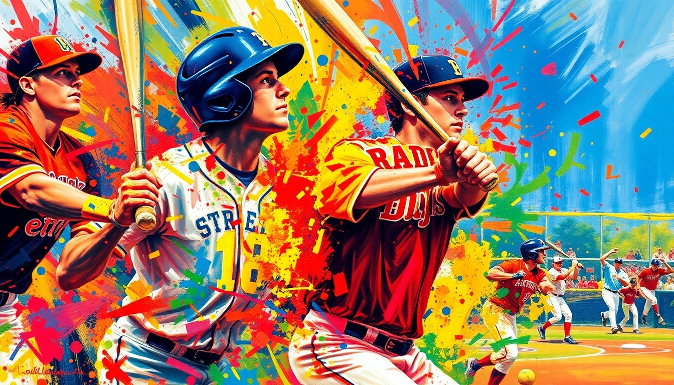 An abstract, expressionist painting in vibrant neon colors capturing the raw energy and motion of a baseball game, with players' forms dissolving into energetic brushstrokes.