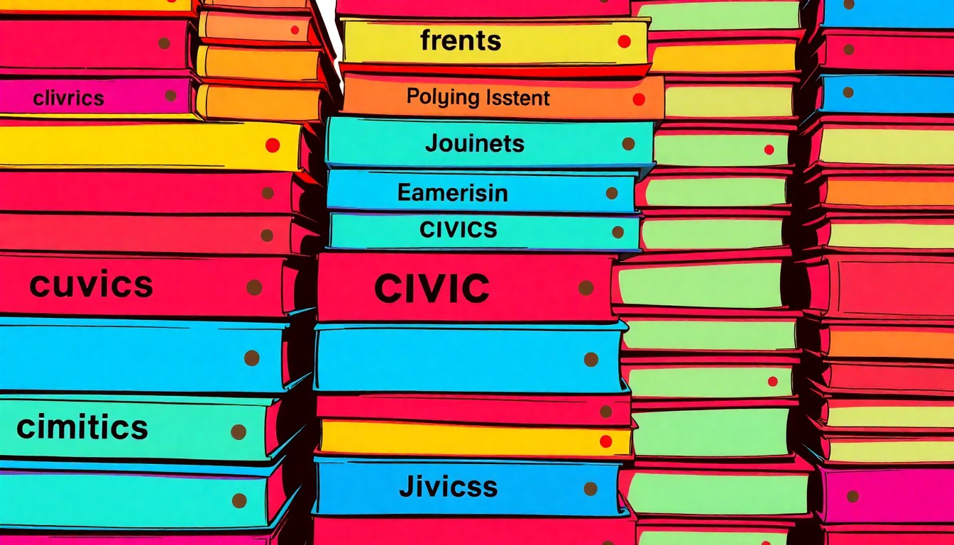 A brightly colored, high-contrast silkscreen print of a stack of civics textbooks in a tight grid pattern, conceptually representing the academic focus and competitive spirit of the Coweta Civics Bee.