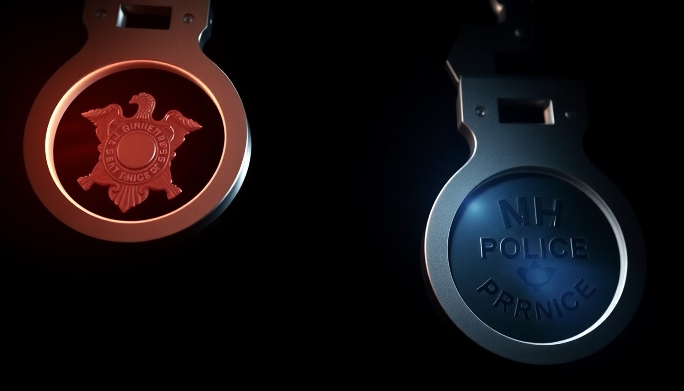 An extreme close-up of a police badge or handcuffs, the metal surface reflecting the harsh light and creating a dramatic, gritty aesthetic that conceptually represents the investigation into a former officer's misconduct.