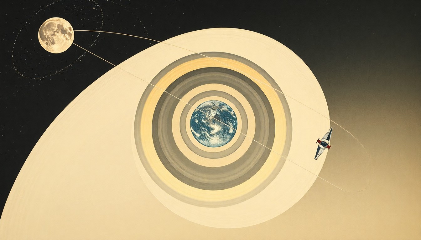 A vibrant, abstract painting in soft blues, greens, and oranges, featuring sweeping geometric arcs, concentric circles, and precise spiral patterns, conceptually representing the Artemis II spacecraft's journey to the moon and back, and the scientific discoveries made during the mission.