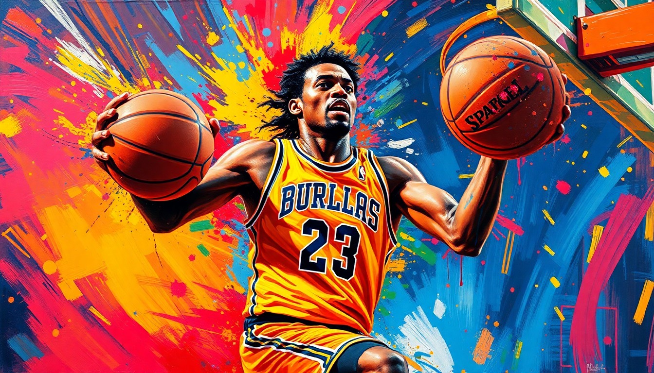 An abstract, energetic painting using vibrant neon colors and rapid brushstrokes to depict the movement and intensity of a basketball player, with their face and jersey details obscured, conveying the loss of a key player to injury.