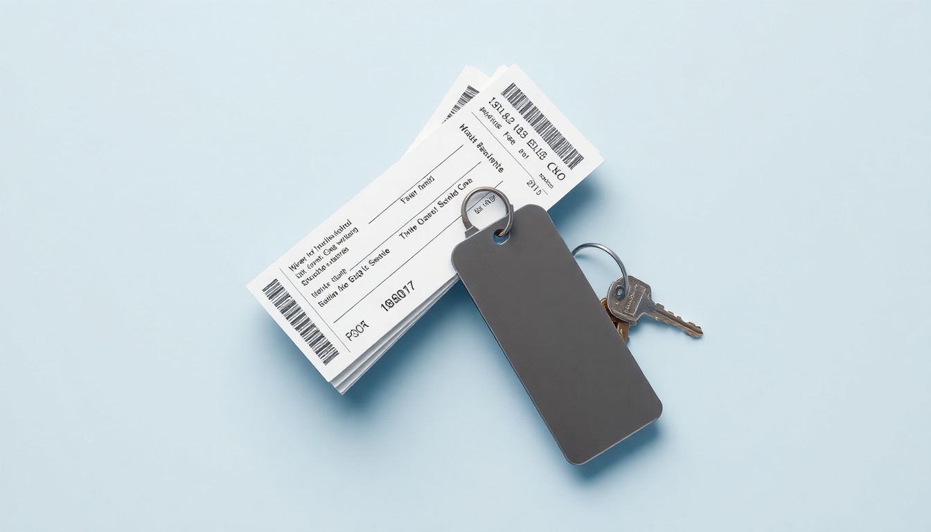 A minimalist studio still life photograph featuring a stack of airline boarding passes, a metal luggage tag, and a set of keys, conceptually representing the rising costs of air travel.