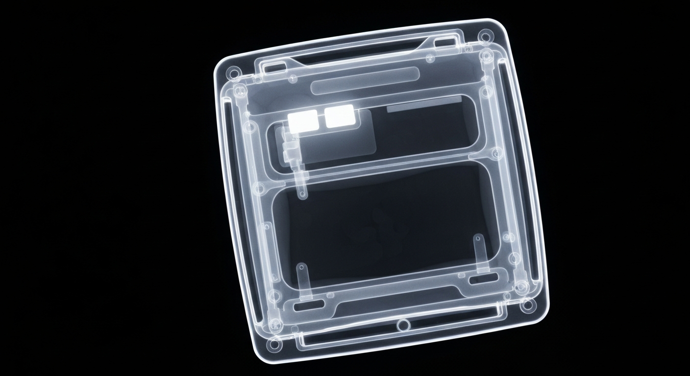A translucent X-ray photograph revealing the internal components of an Automated External Defibrillator (AED) device, conceptually illustrating how this life-saving equipment can empower community members to respond quickly to medical emergencies.