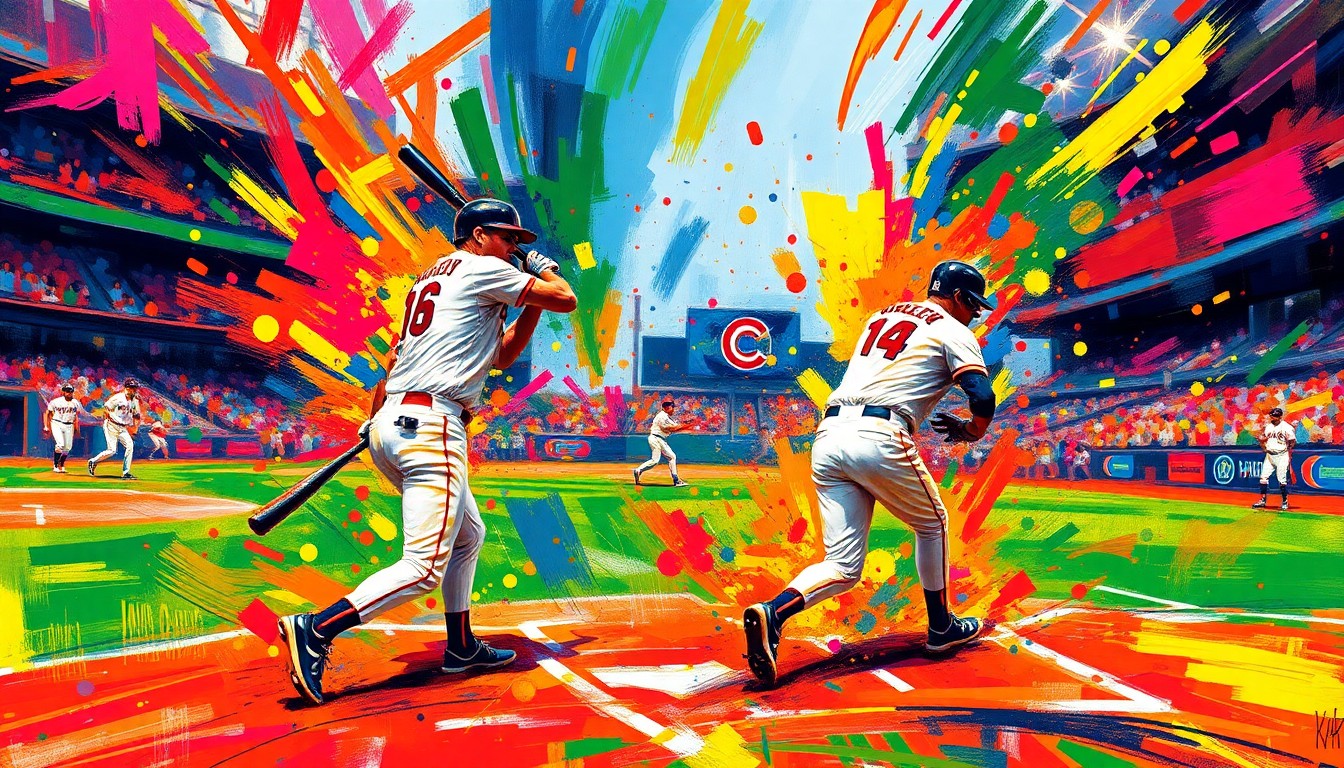 An abstract, energetic painting in neon colors depicting the dynamic motion and energy of a baseball game, with players and equipment blending into vibrant, expressive brushstrokes.