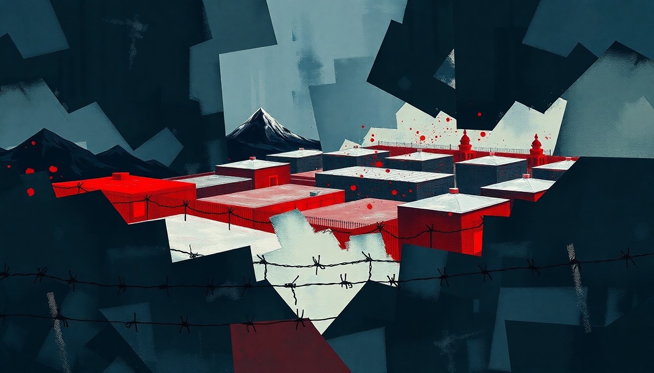 A dynamic, fragmented painting in shades of blue, grey, and red, depicting an immigration detention center surrounded by barbed wire fences, conveying a sense of chaos and urgency through its overlapping, geometric shapes and patterns.