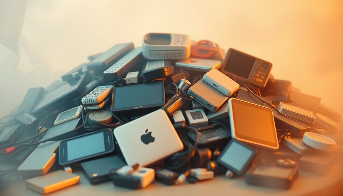 An abstract, out-of-focus photograph showing a pile of various electronic devices and gadgets in soft, warm tones, conceptually representing the theme of responsible electronics recycling.