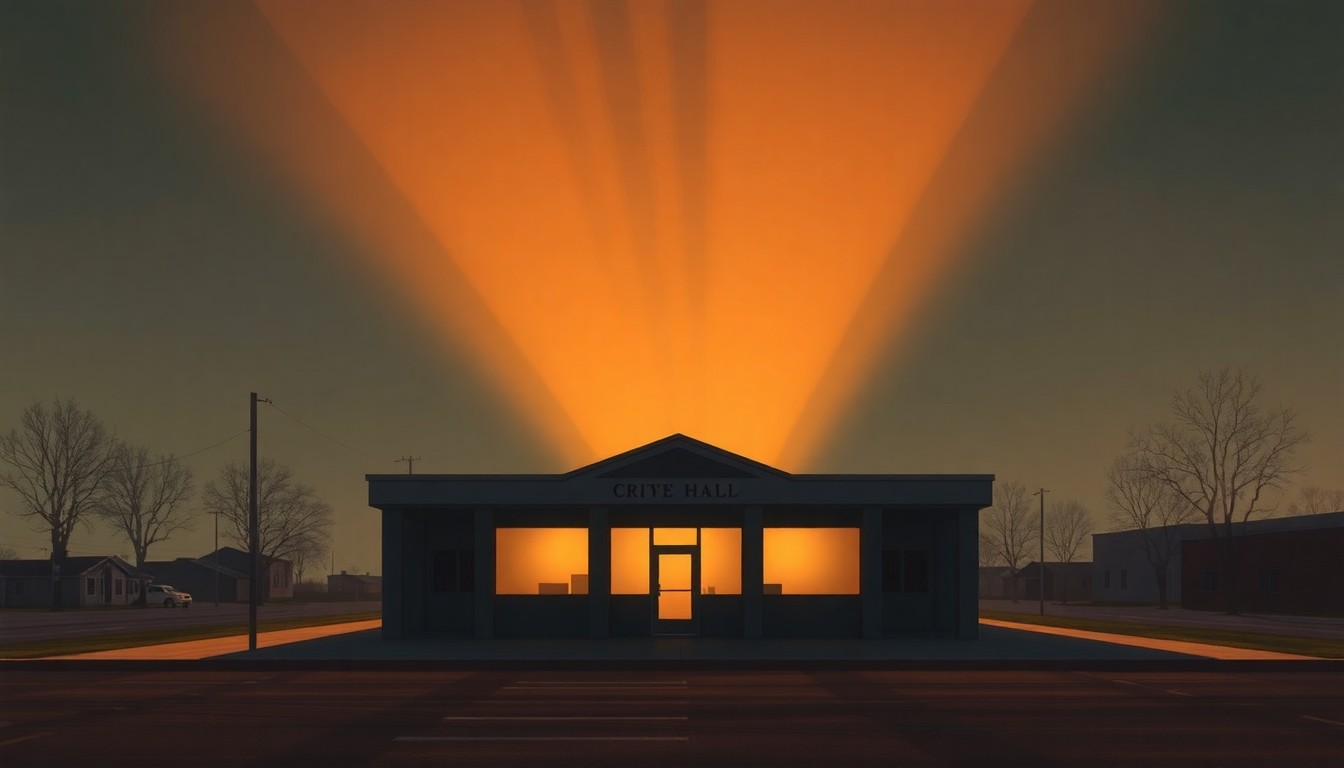 A serene, nostalgic painting of a government building in a Midwestern city, with warm sunlight casting long shadows across the facade and surrounding landscape.