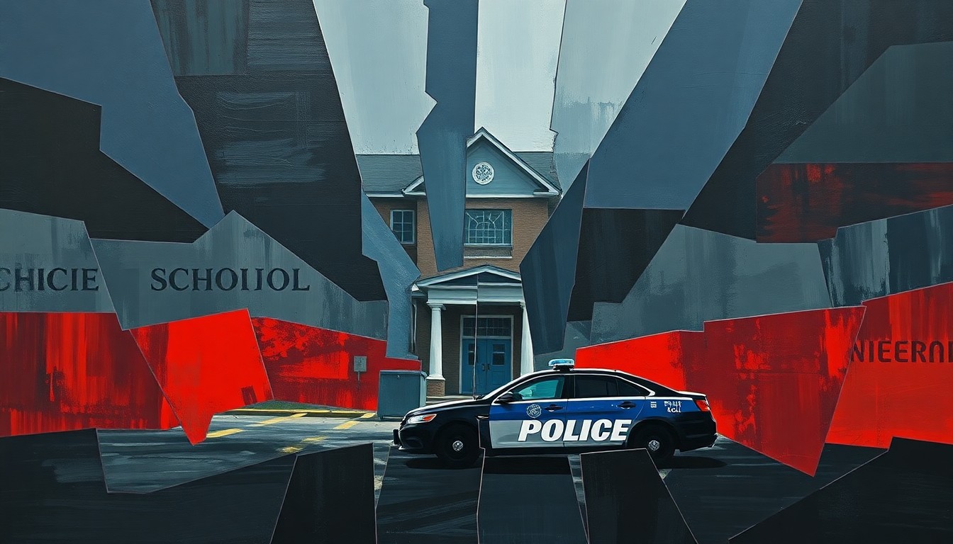 A highly abstract, fragmented painting depicting a school building and police car in overlapping geometric shapes and brushstrokes of dark blue, grey, and red, conveying a sense of disruption and tension.