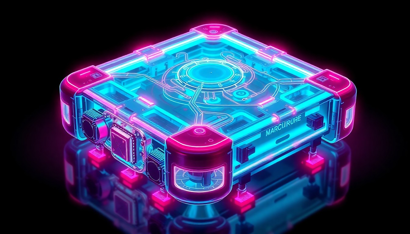 A highly detailed, glowing 3D illustration of a futuristic agricultural field mapping device, with intricate hardware components illuminated by neon cyan and magenta lights, conceptually representing the fusion of AI-powered intelligence and precision farming equipment.
