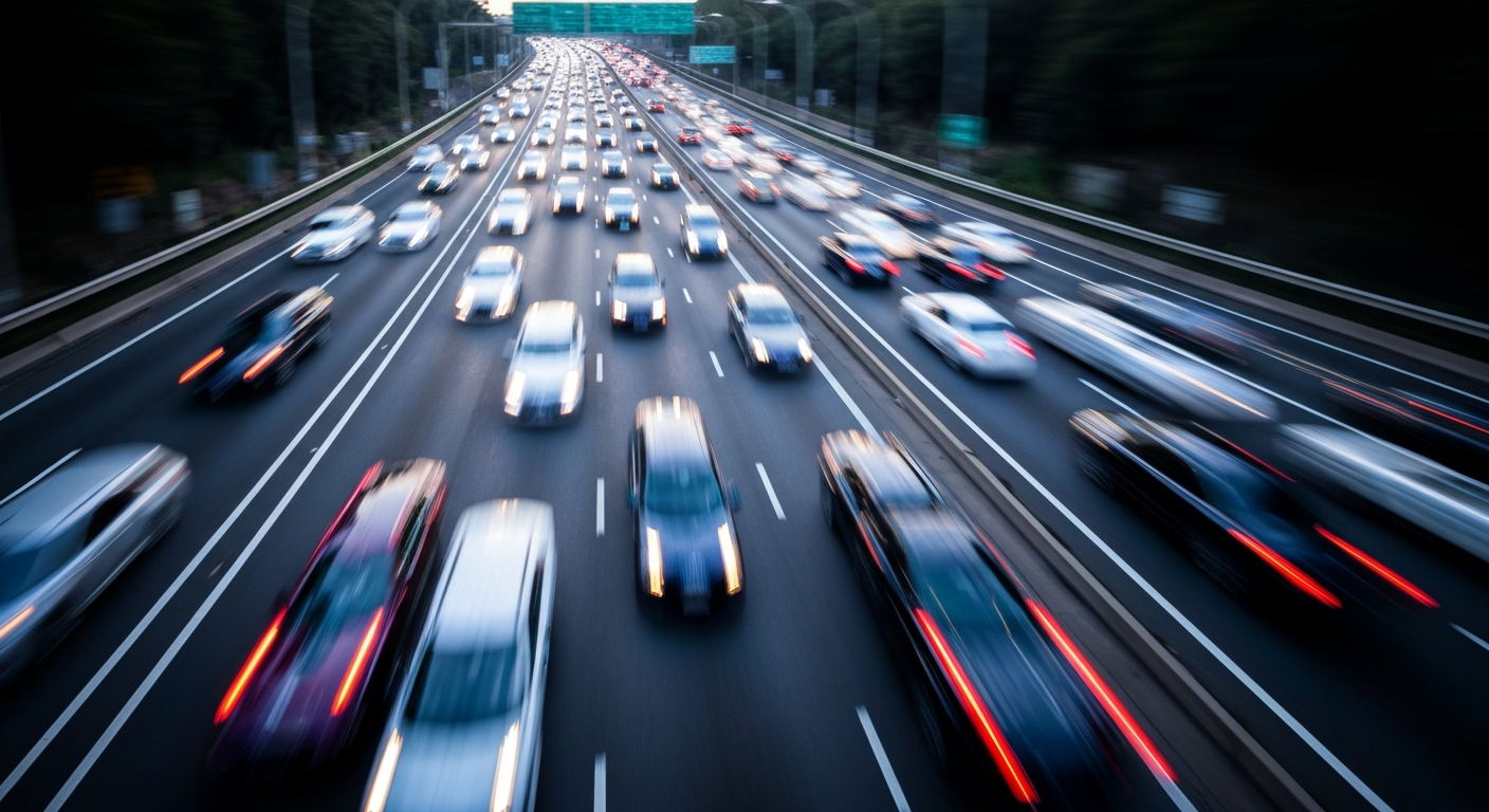 An abstract, impressionistic photograph of a busy highway with cars in motion, blurred into vibrant streaks of color and movement, conveying the energy and chaos of coastal transportation infrastructure.