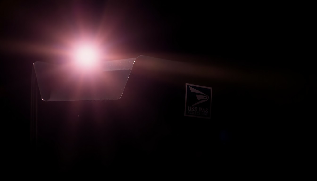 An extreme close-up photograph of a USPS collection box, its metal surface and lock mechanism sharply illuminated by a harsh, direct camera flash, creating a stark, gritty, investigative aesthetic that conceptually illustrates the issue of mail theft from public drop boxes.