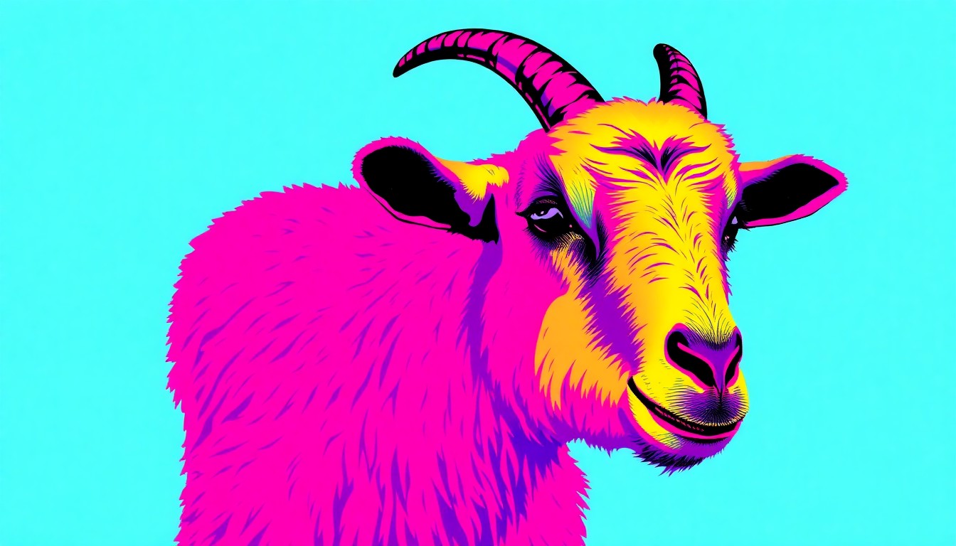 A grid of stylized Angora goat portraits rendered in a bold, high-contrast silkscreen pop art style, capturing the distinctive features and texture of the rare livestock breed.