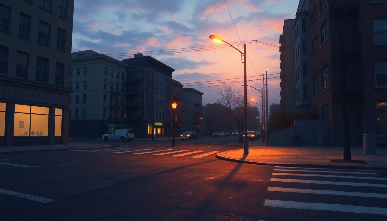 A serene, nostalgic painting of a dimly lit city street corner, with a single streetlight casting warm, diagonal shadows across the pavement, conceptually representing the importance of preserving and honoring the city's civil rights history.