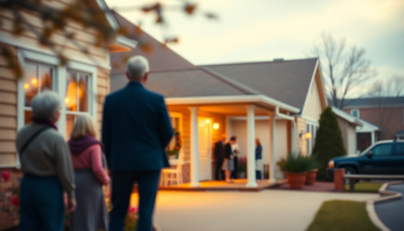 An extremely abstracted, out-of-focus photograph in soft pools of warm color and light, depicting the exterior of a small-town funeral home with blurred figures of people arriving for a memorial service.