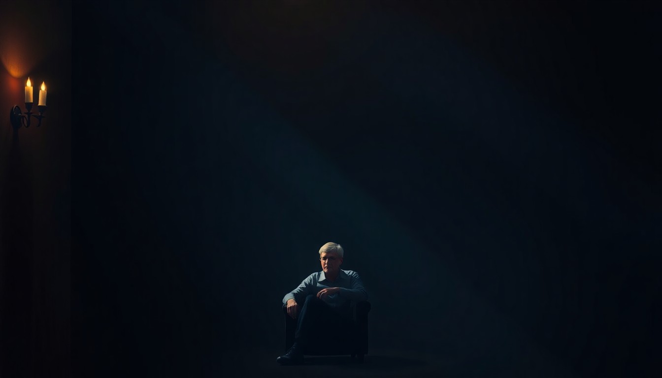 A dimly lit, cinematic painting of a solitary figure sitting alone in a room, with warm sunlight streaming through a window and deep shadows enveloping the space, conveying a sense of contemplation and unease.