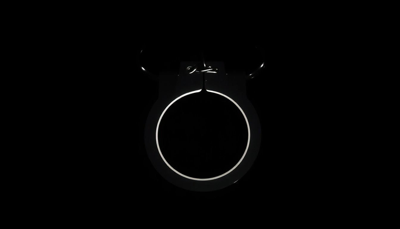 An extreme close-up of metal handcuffs against a stark black background, creating a gritty, investigative aesthetic through the use of harsh flash lighting.