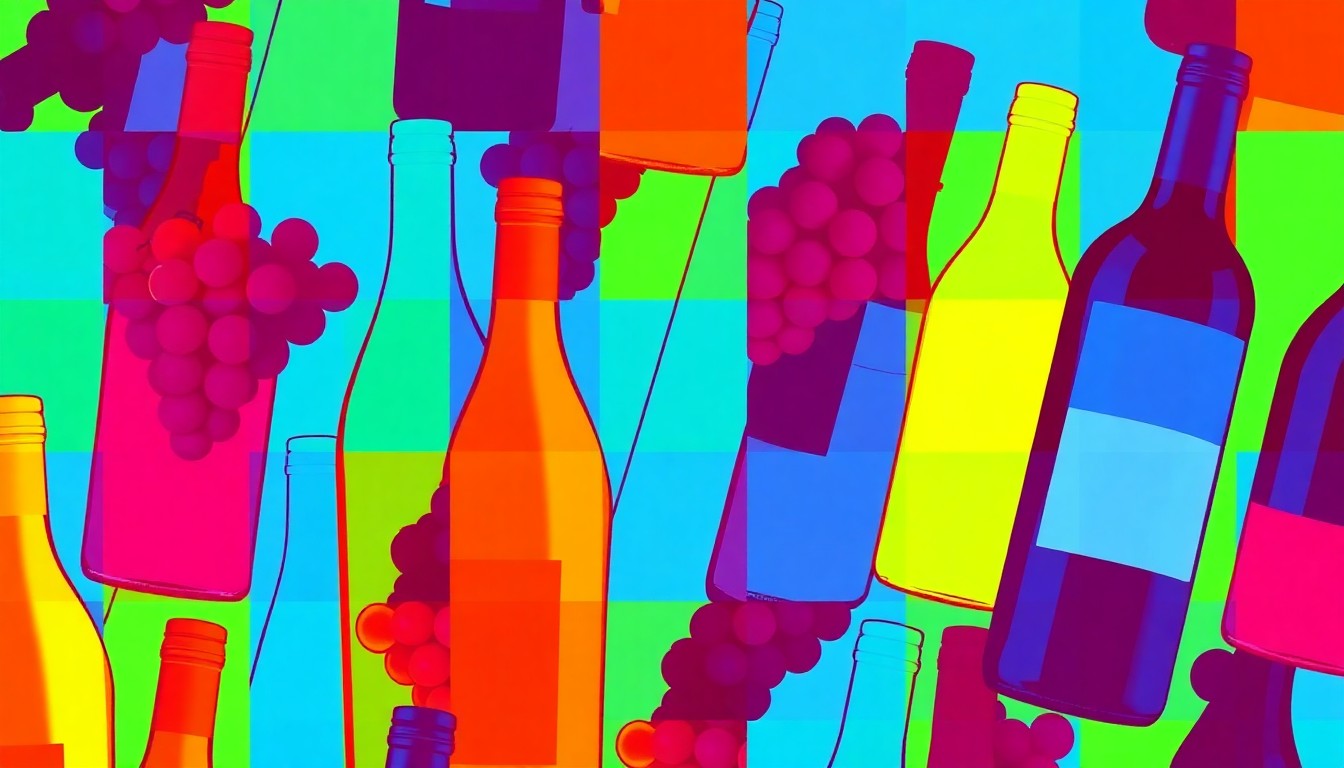 A vibrant, high-contrast silkscreen print featuring a single, iconic wine bottle or grape cluster repeated in a tight grid pattern, using a bold, neon color palette to capture the energy and artistry of the Sta. Rita Hills wine region.
