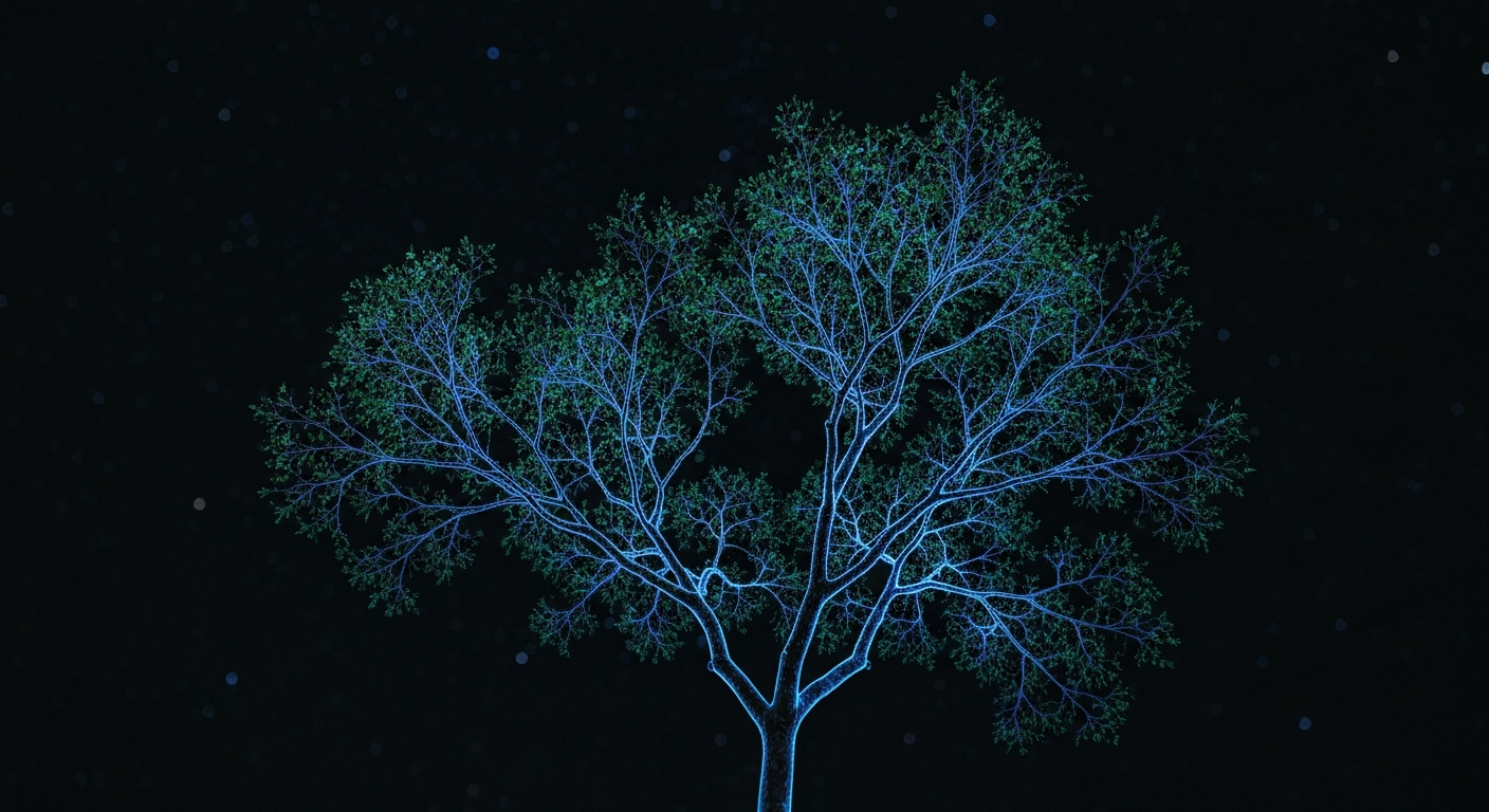 A minimalist design in the style of Keith Haring where a tree branch with leaves is defined entirely by glowing, vibrant neon lines against a deep, dark background, emphasizing the shape and energy of the plant.