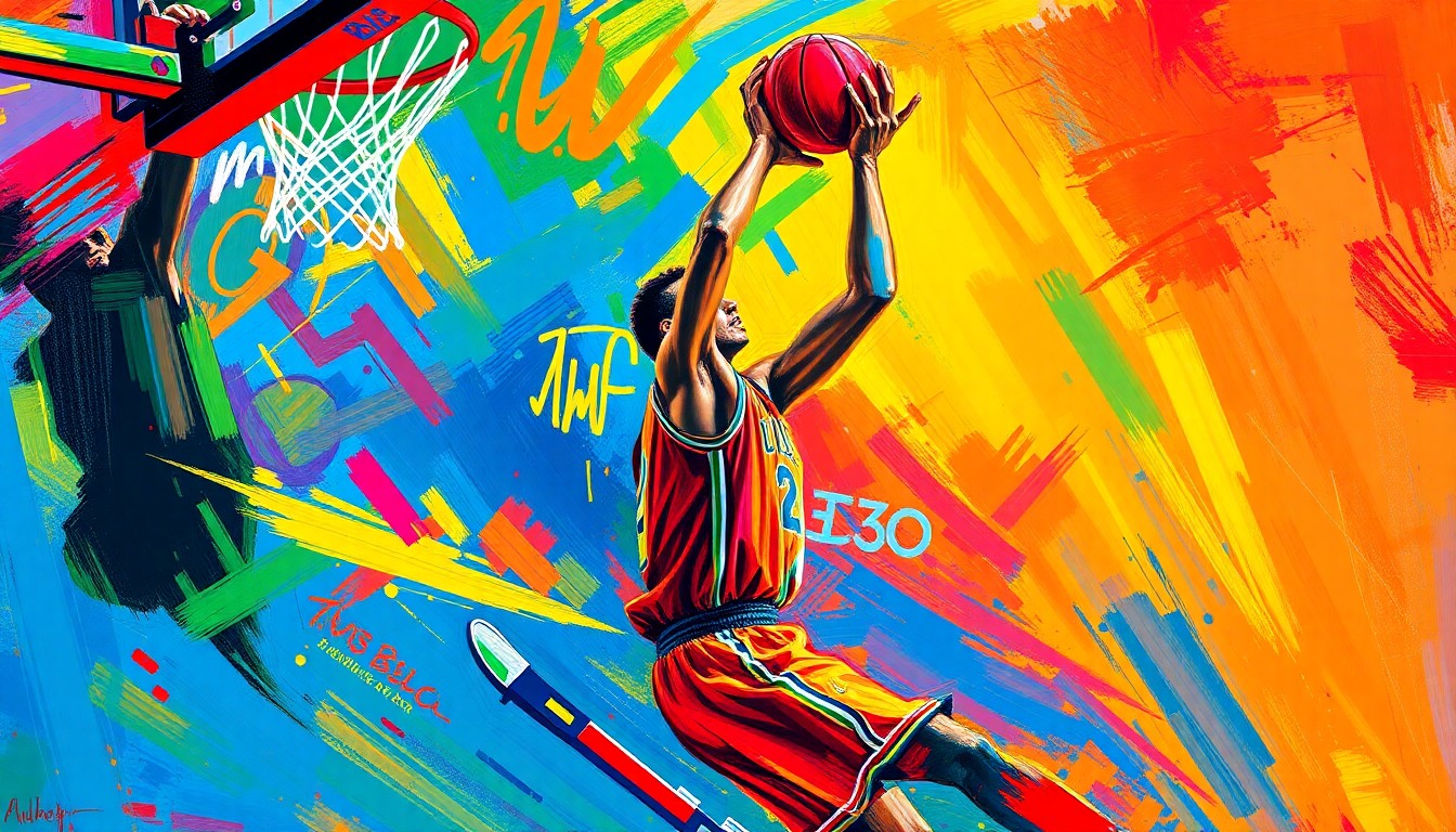 An abstract, expressionist painting featuring bold, neon-colored brushstrokes that capture the dynamic movement and energy of a basketball player in motion, conceptually representing the competitive nature of college basketball transfers.