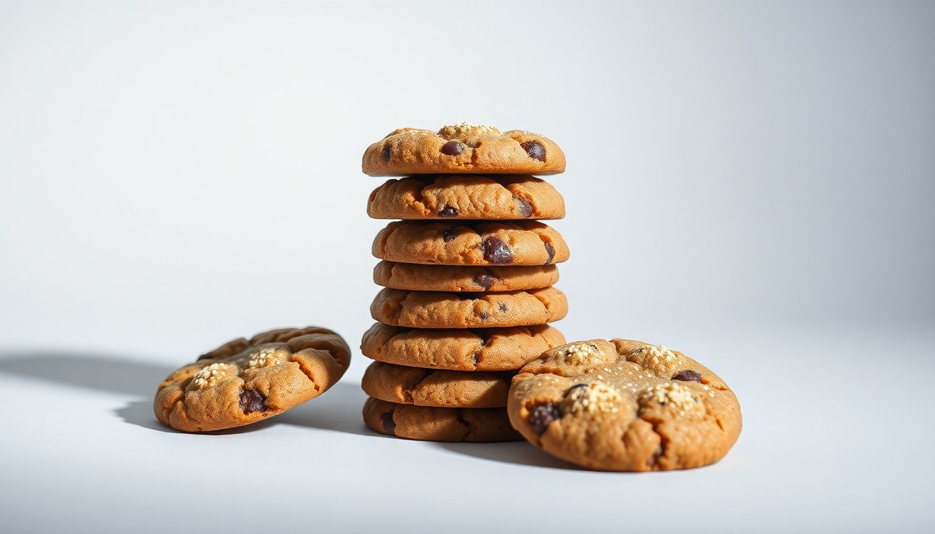 A high-end, photorealistic studio still-life photograph featuring a stack of artisanal, gluten-free cookies arranged elegantly on a clean, white seamless background, conceptually representing the challenges of running a small, mission-driven food business.