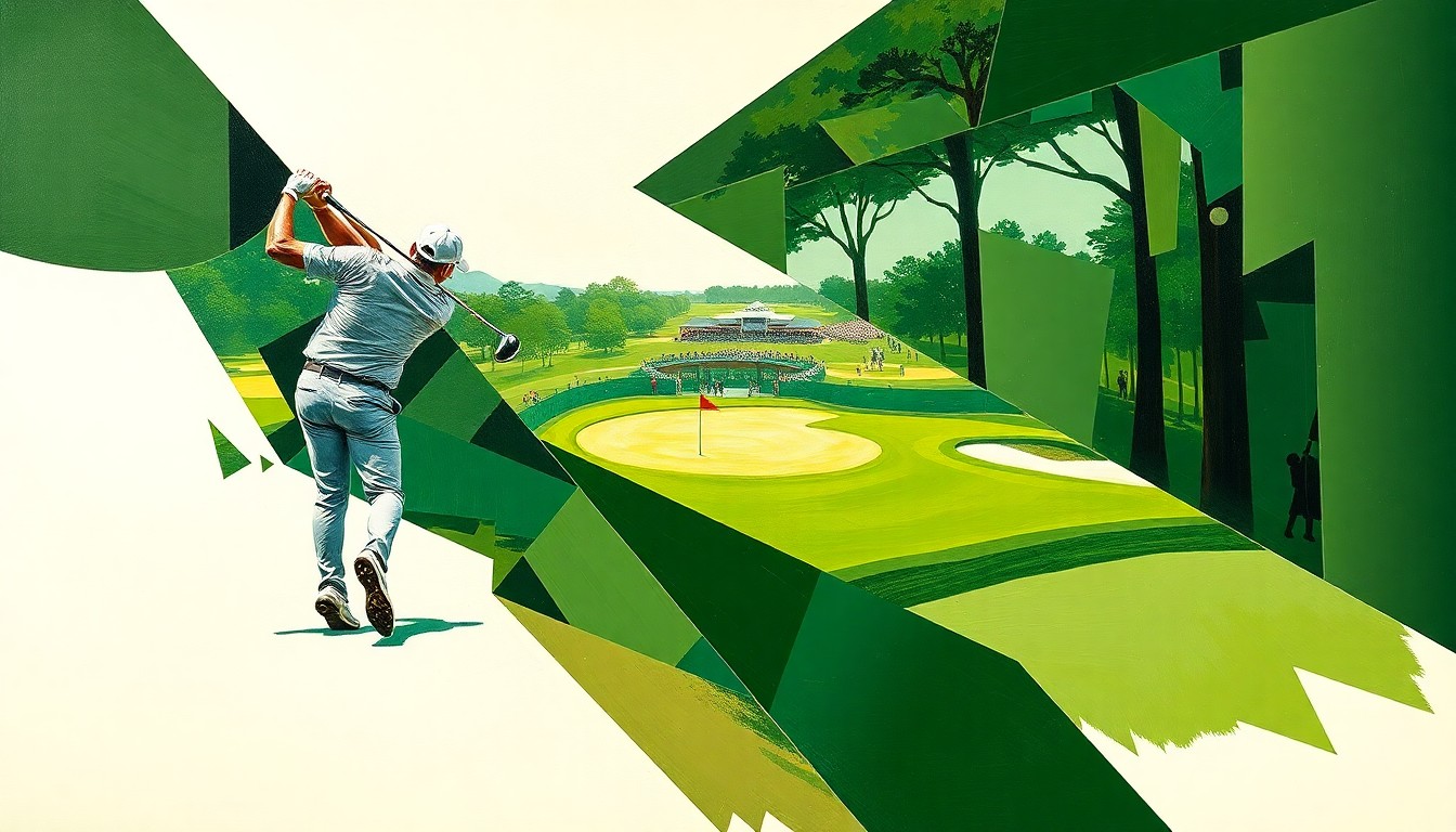 A cubist, geometric painting depicting a golfer's swing and the Augusta National course in overlapping planes of green, brown, and white, conveying the complex, multi-faceted nature of competing at the Masters Tournament.