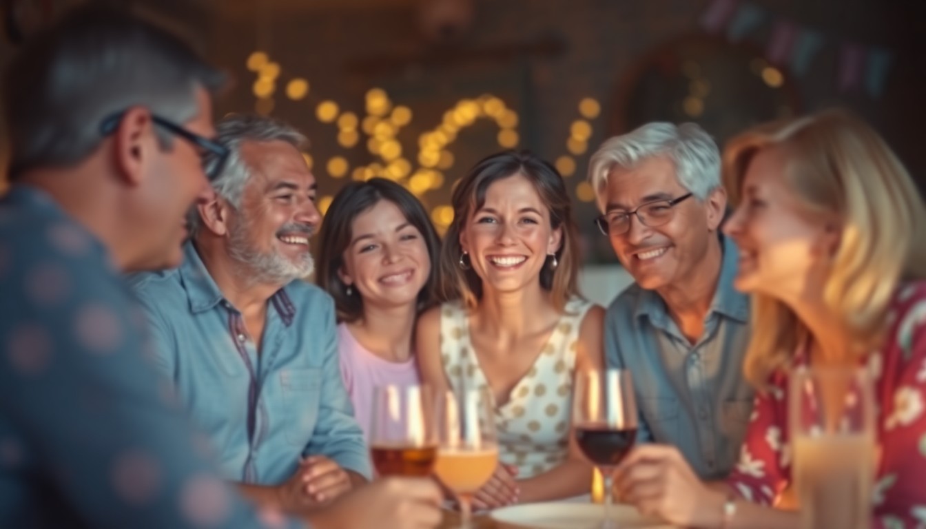 An extremely abstracted, out-of-focus photograph shot through condensation or rain-streaked glass, composed of soft pools of warm color and light that evoke the intimate, familial atmosphere of a celebration of life.