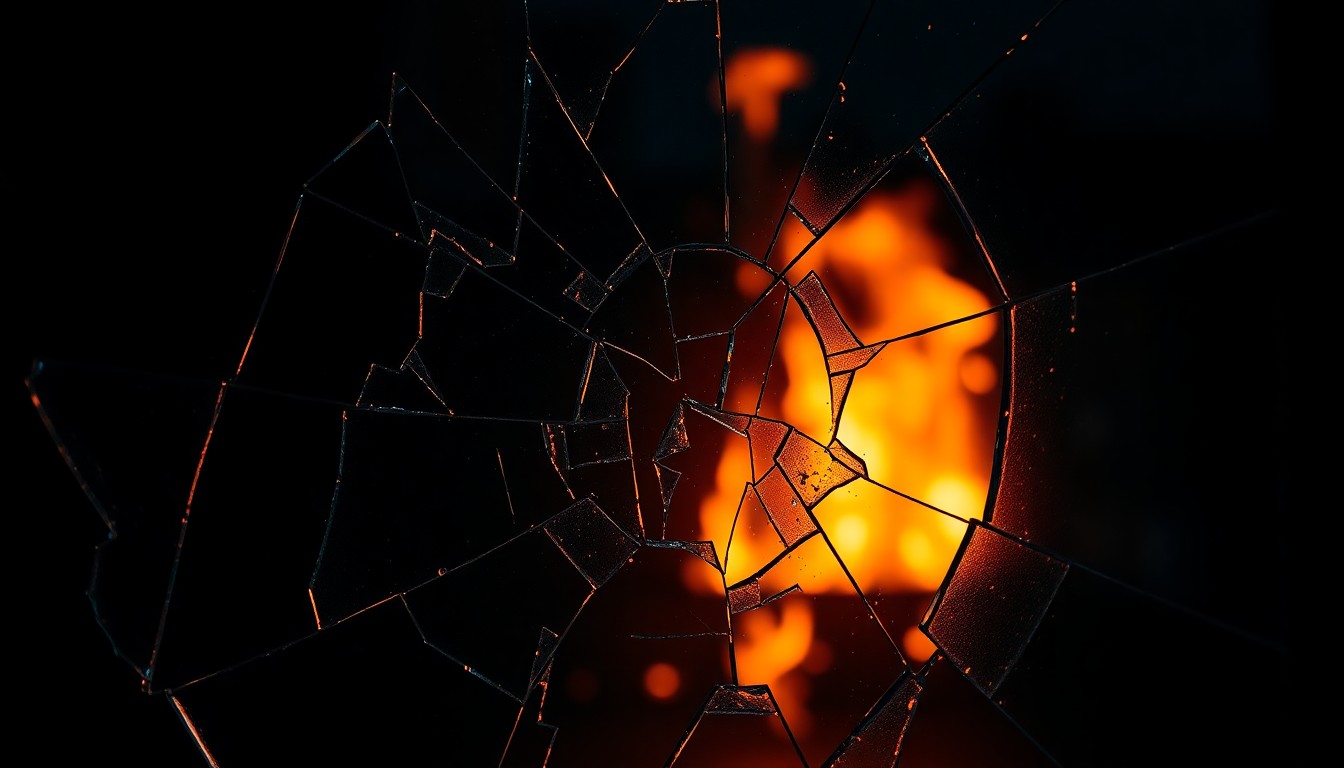 An extreme close-up photograph of shattered glass reflecting the orange and yellow hues of a raging fire, conceptually representing the dramatic rescue of an elderly couple from a house blaze.