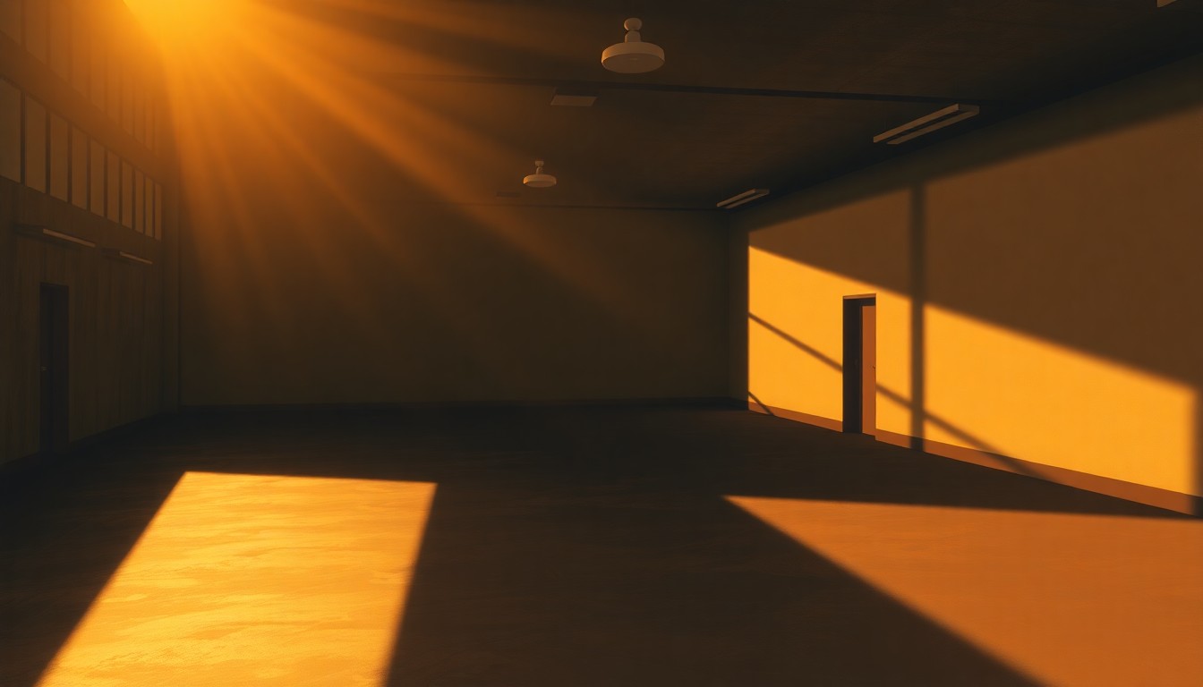 A serene, cinematic painting depicting the interior of a dimly lit, empty police training facility or shooting range, with warm sunlight streaming in through high windows and casting long shadows across the floor and walls.