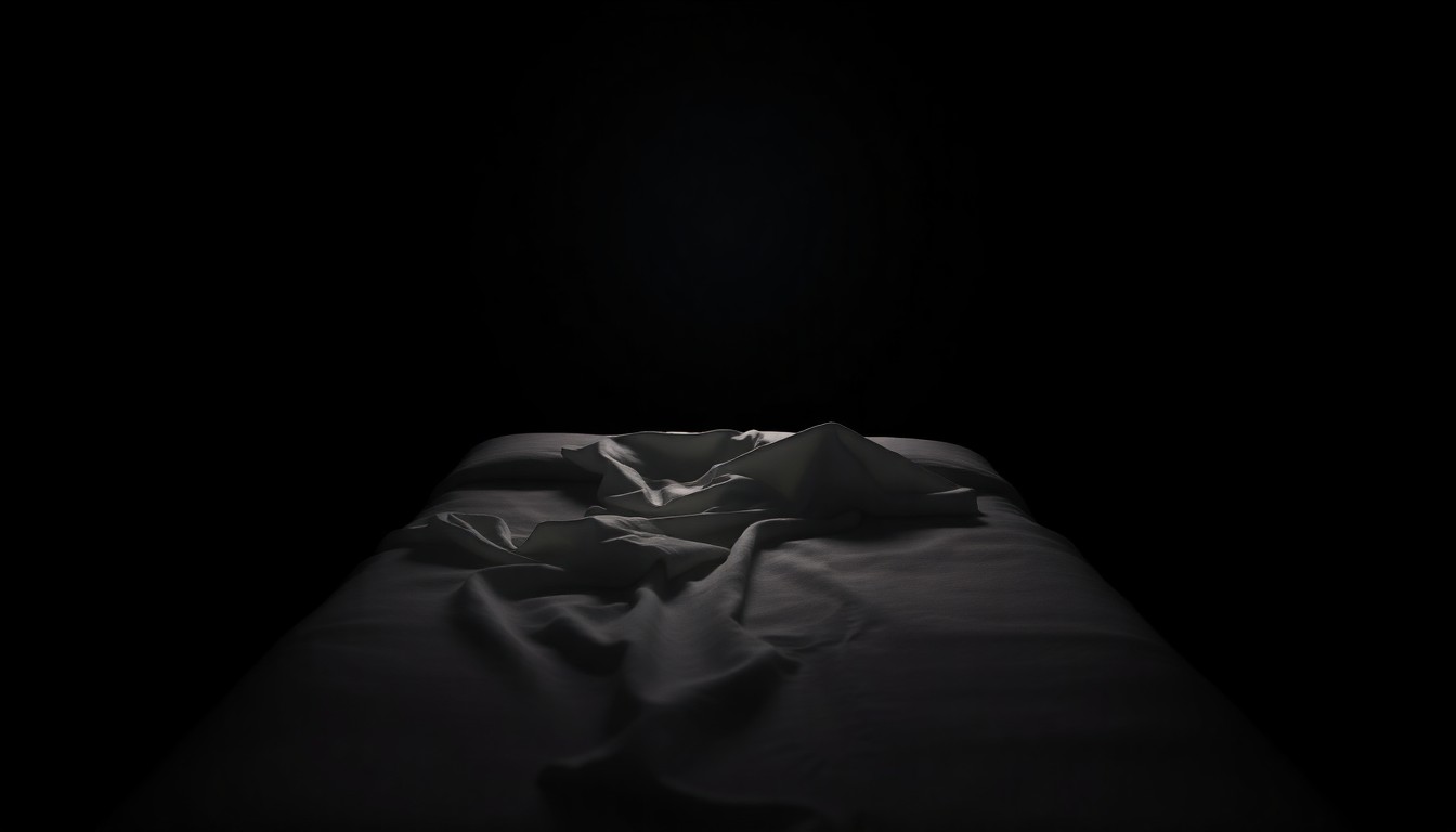 An extreme close-up photograph of a massage table with crumpled sheets, lit by a harsh direct camera flash against a pitch-black background, conceptually representing the violation of trust and safety in a massage setting.